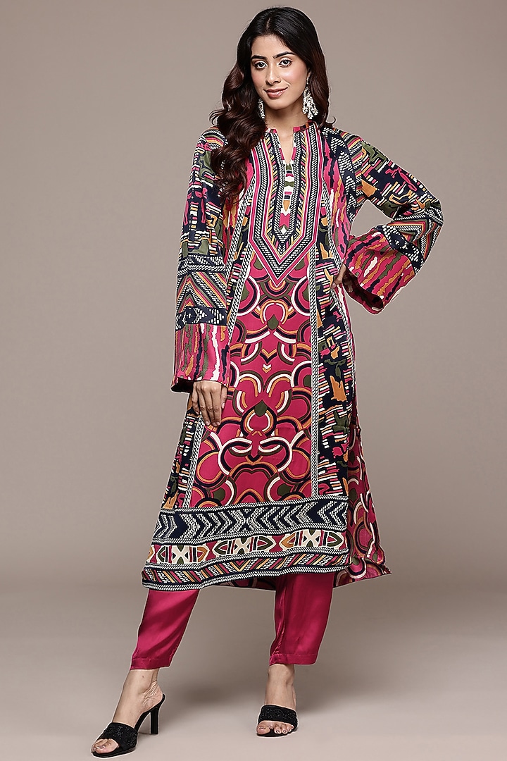 Red Modal Satin Geometric Printed Kurta Set by Ritu Kumar at Pernia's Pop Up Shop