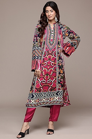 Red Modal Satin Geometric Printed Kurta Set by Ritu Kumar