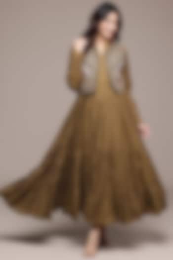 Dark Mustard Khadi Chanderi Jacket Vacation Dress by Ritu Kumar at Pernia's Pop Up Shop