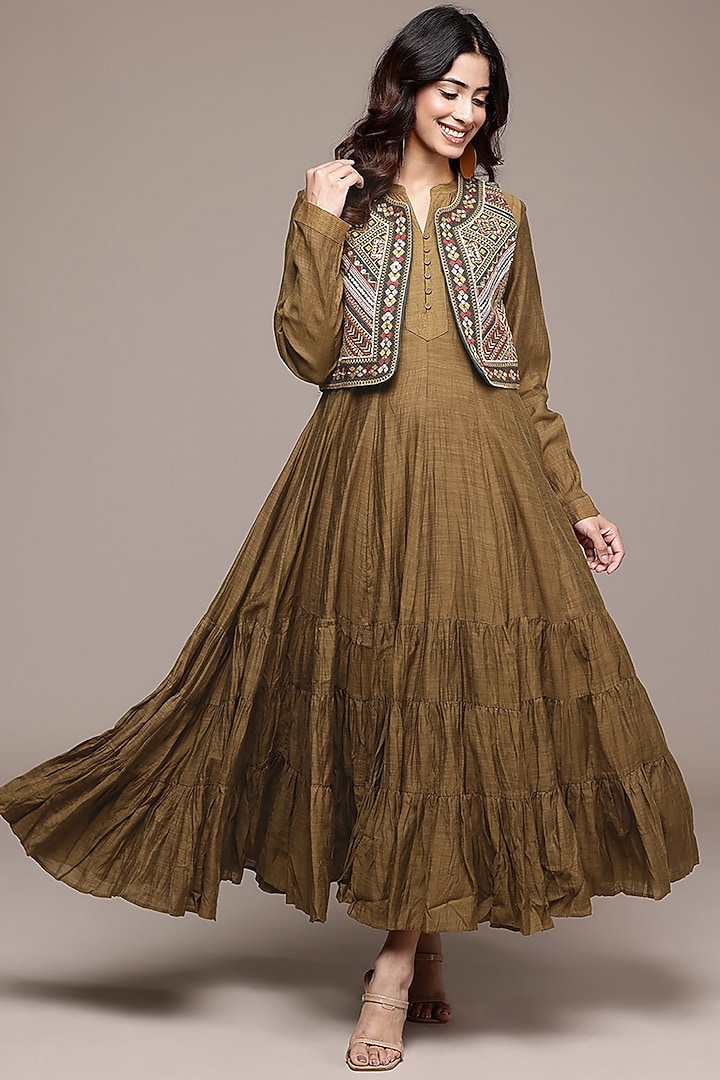 Dark Mustard Khadi Chanderi Jacket Vacation Dress by Ritu Kumar at Pernia's Pop Up Shop