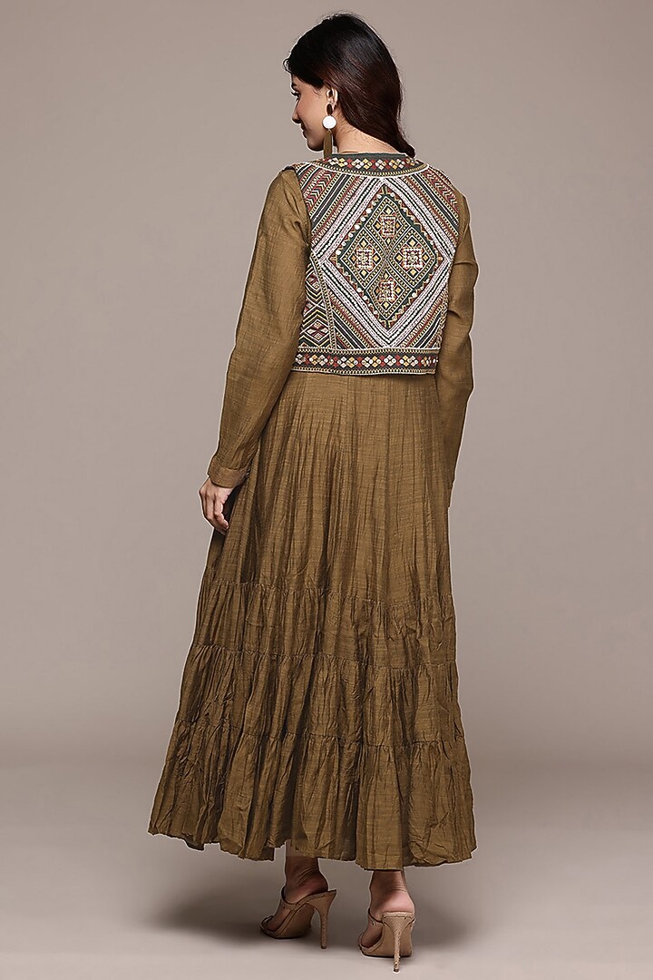 Dark Mustard Khadi Chanderi Jacket Vacation Dress by Ritu Kumar at Pernia's Pop Up Shop