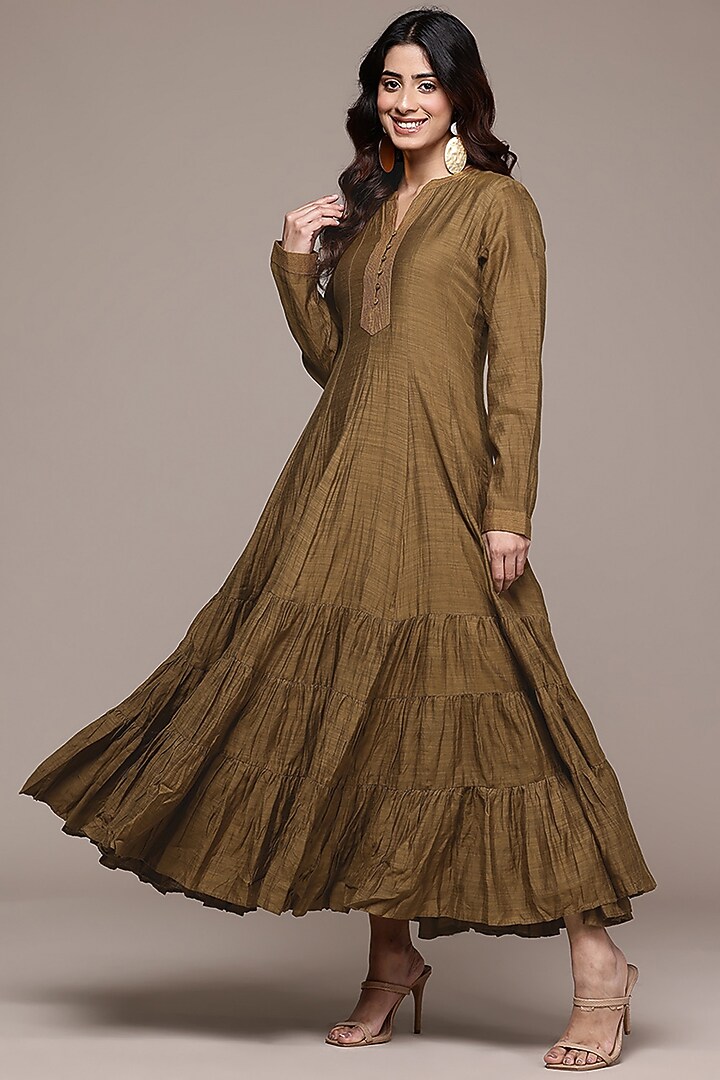 Dark Mustard Khadi Chanderi Jacket Vacation Dress by Ritu Kumar at Pernia's Pop Up Shop