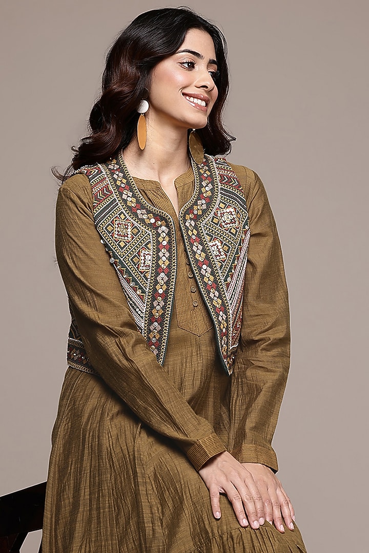 Dark Mustard Khadi Chanderi Jacket Vacation Dress by Ritu Kumar at Pernia's Pop Up Shop