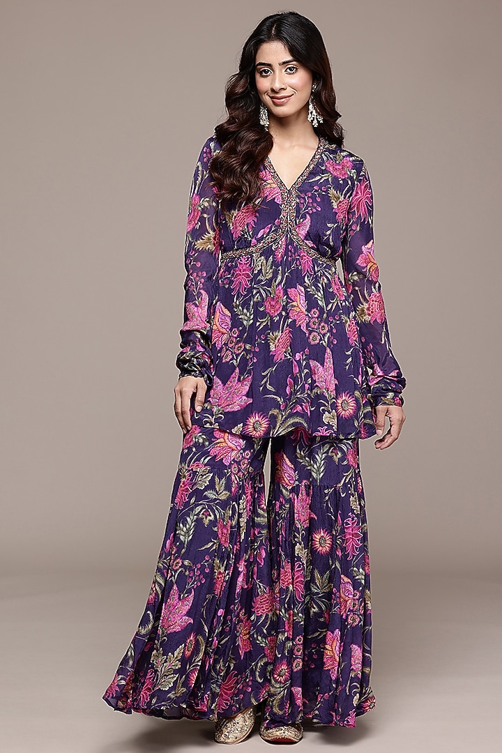 Purple Viscose Chinon Printed Party Wear Sharara Set by Ritu Kumar at Pernia's Pop Up Shop