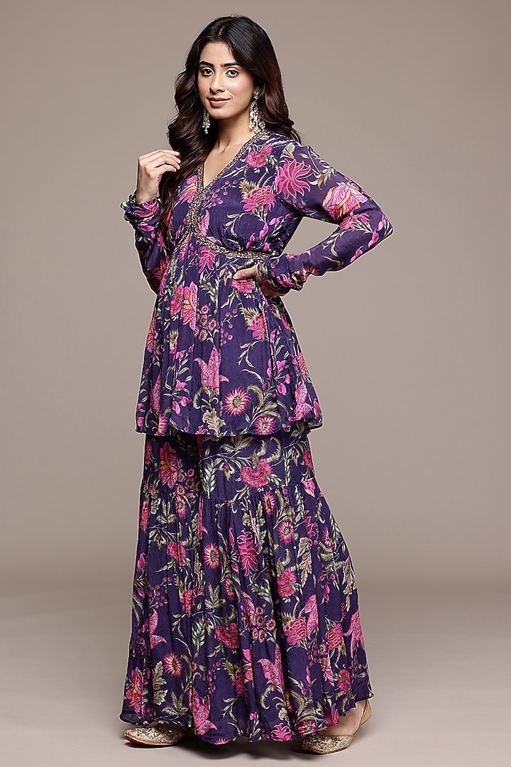 Purple Viscose Chinon Printed Party Wear Sharara Set by Ritu Kumar at Pernia's Pop Up Shop
