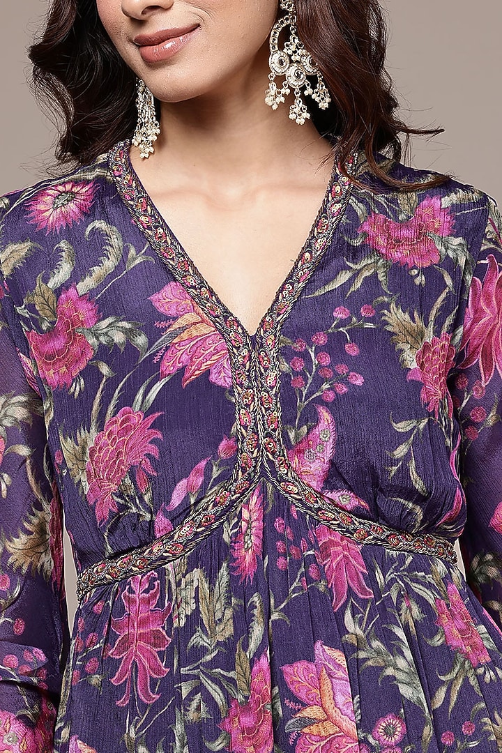 Purple Viscose Chinon Printed Party Wear Sharara Set by Ritu Kumar at Pernia's Pop Up Shop