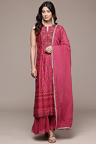 Pink Raw Silk Chanderi Geometric Printed Kurta Set by Ritu Kumar
