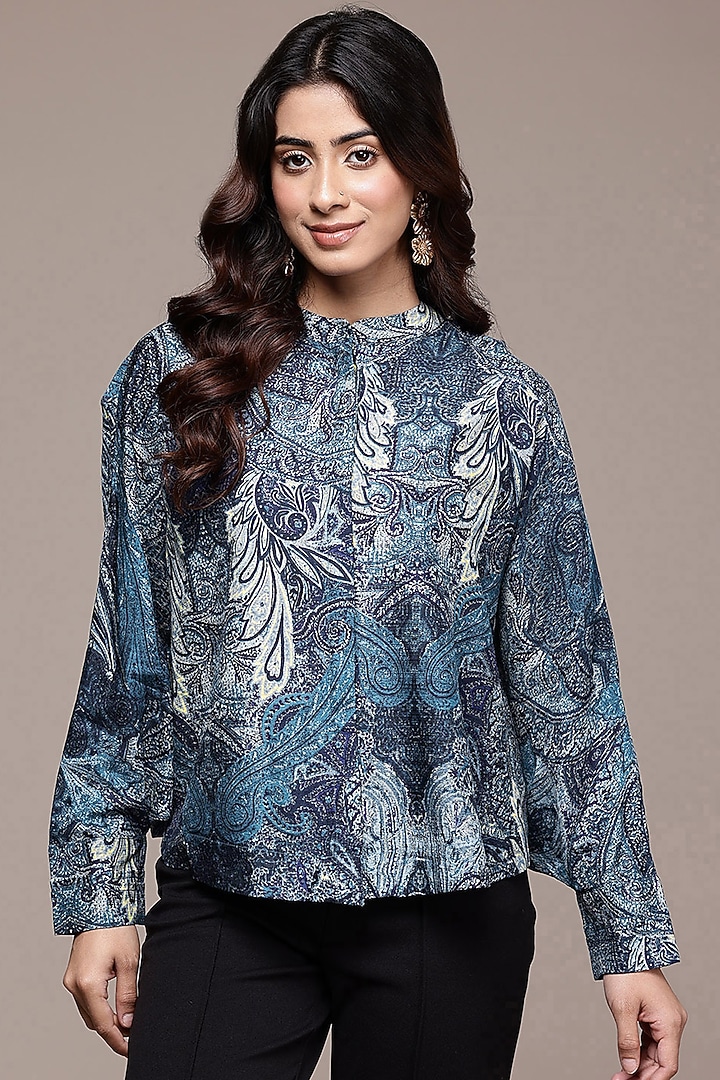 Blue Viscose Bemberg Paisley Printed Top by Ritu Kumar at Pernia's Pop Up Shop