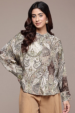 Grey Viscose Bemberg Paisley Printed Top by Ritu Kumar