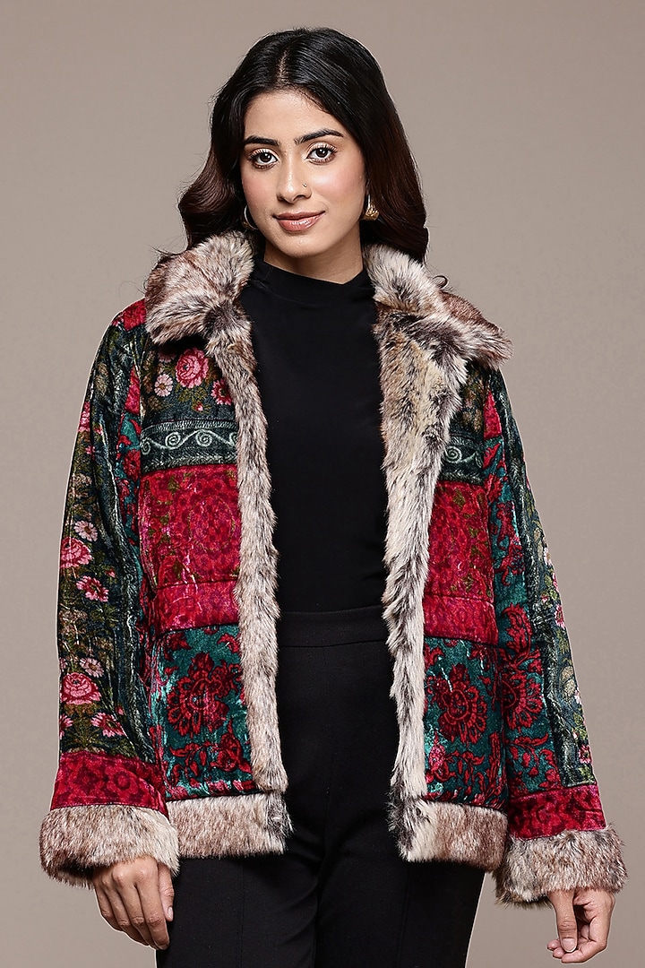 Fuchsia Silk Velvet Floral Printed Jacket by Ritu Kumar at Pernia's Pop Up Shop