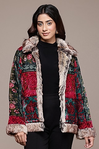 Fuchsia Silk Velvet Floral Printed Jacket by Ritu Kumar