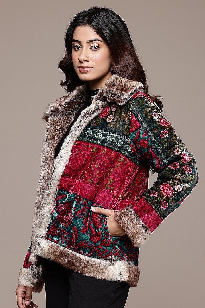 Fuchsia Silk Velvet Floral Printed Jacket by Ritu Kumar at Pernia's Pop Up Shop