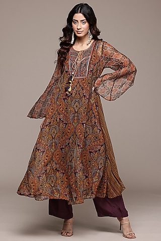 Brown Viscose Chiffon Paisley Printed Kurta Set by Ritu Kumar