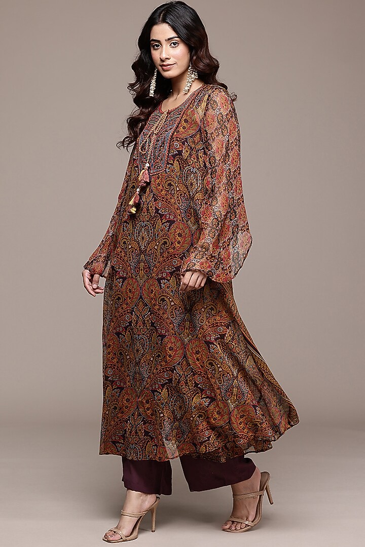 Brown Viscose Chiffon Paisley Printed Kurta Set by Ritu Kumar at Pernia's Pop Up Shop