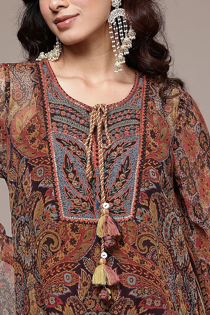 Brown Viscose Chiffon Paisley Printed Kurta Set by Ritu Kumar at Pernia's Pop Up Shop