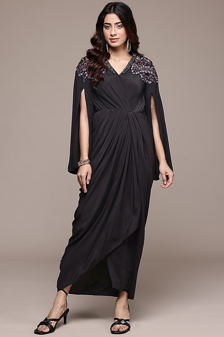 Black Viscose Crepe Flared Vacation Dress by Ritu Kumar at Pernia's Pop Up Shop
