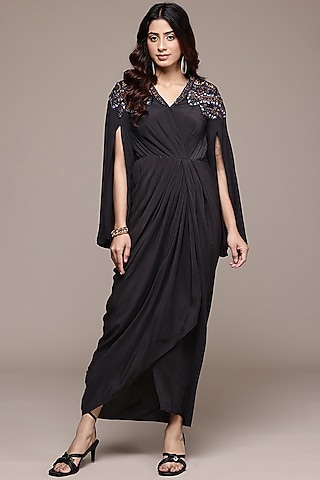 Black Viscose Crepe Flared Dress by Ritu Kumar