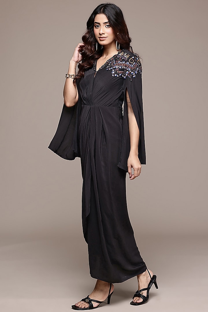 Black Viscose Crepe Flared Vacation Dress by Ritu Kumar at Pernia's Pop Up Shop