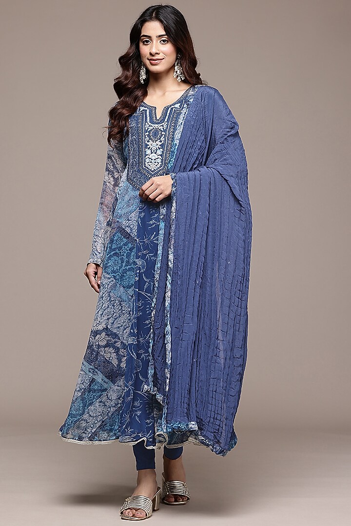 Blue Viscose Chiffon Abstract Printed Kurta Set by Ritu Kumar at Pernia's Pop Up Shop