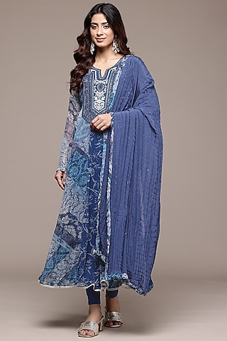 Blue Viscose Chiffon Abstract Printed Kurta Set by Ritu Kumar