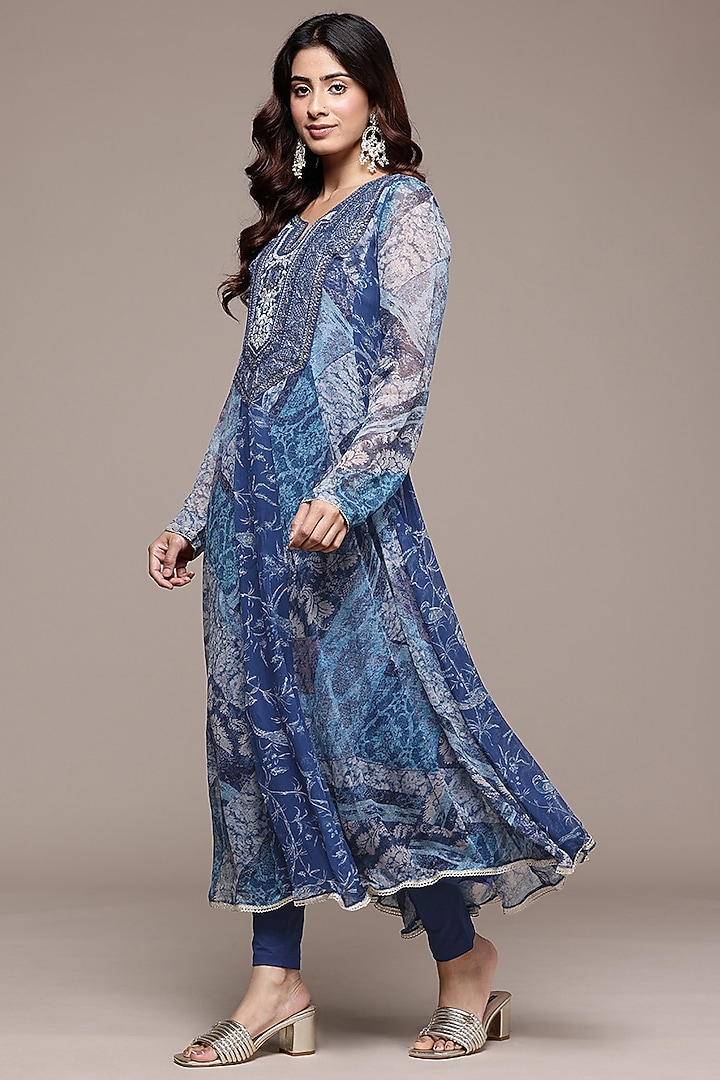 Blue Viscose Chiffon Abstract Printed Kurta Set by Ritu Kumar at Pernia's Pop Up Shop