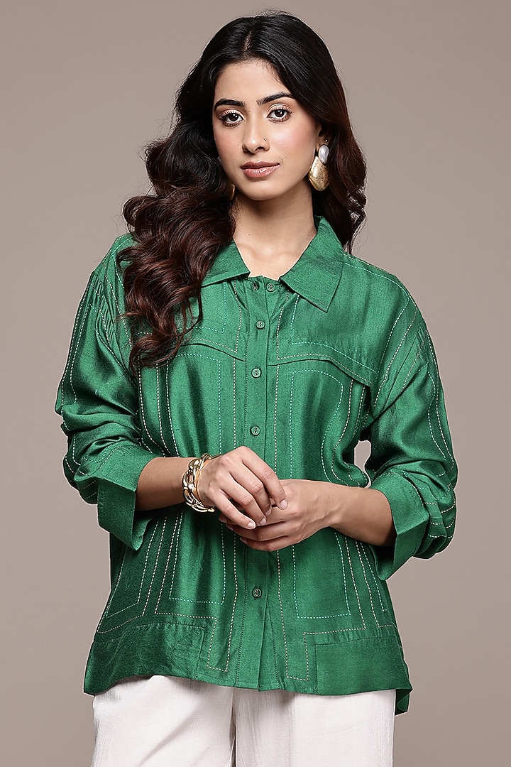 Green Staple Silk Shirt by Ritu Kumar at Pernia's Pop Up Shop