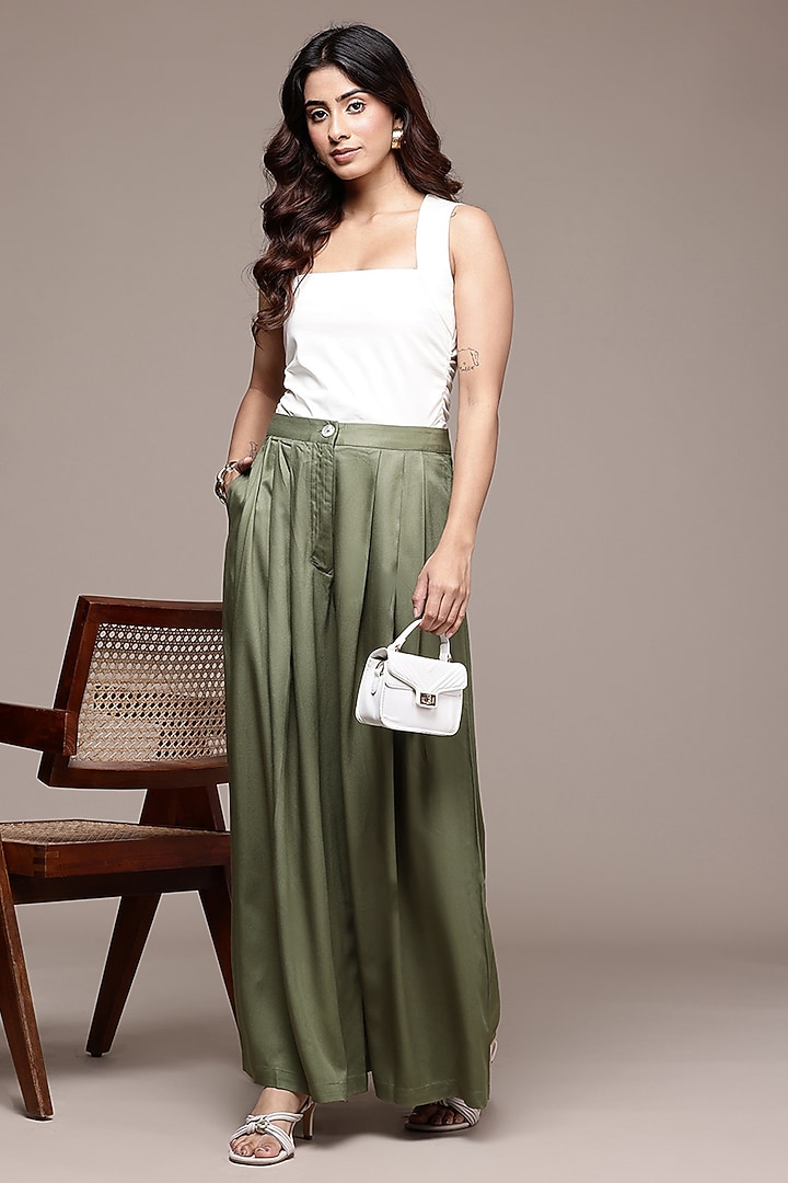 Olive Rayon Twill Straight Pants by Ritu Kumar at Pernia's Pop Up Shop