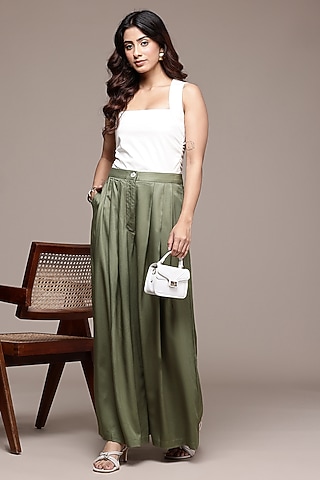 Olive Rayon Twill Straight Pants by Ritu Kumar