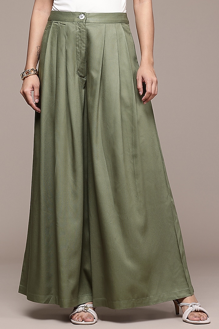 Olive Rayon Twill Straight Pants by Ritu Kumar at Pernia's Pop Up Shop