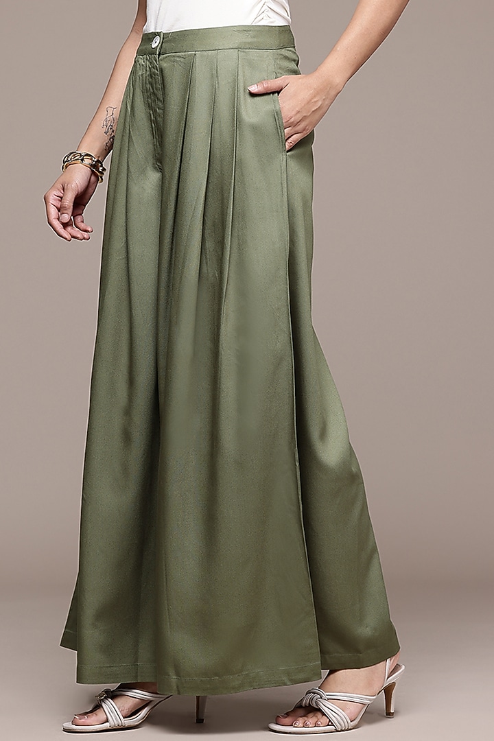 Olive Rayon Twill Straight Pants by Ritu Kumar at Pernia's Pop Up Shop