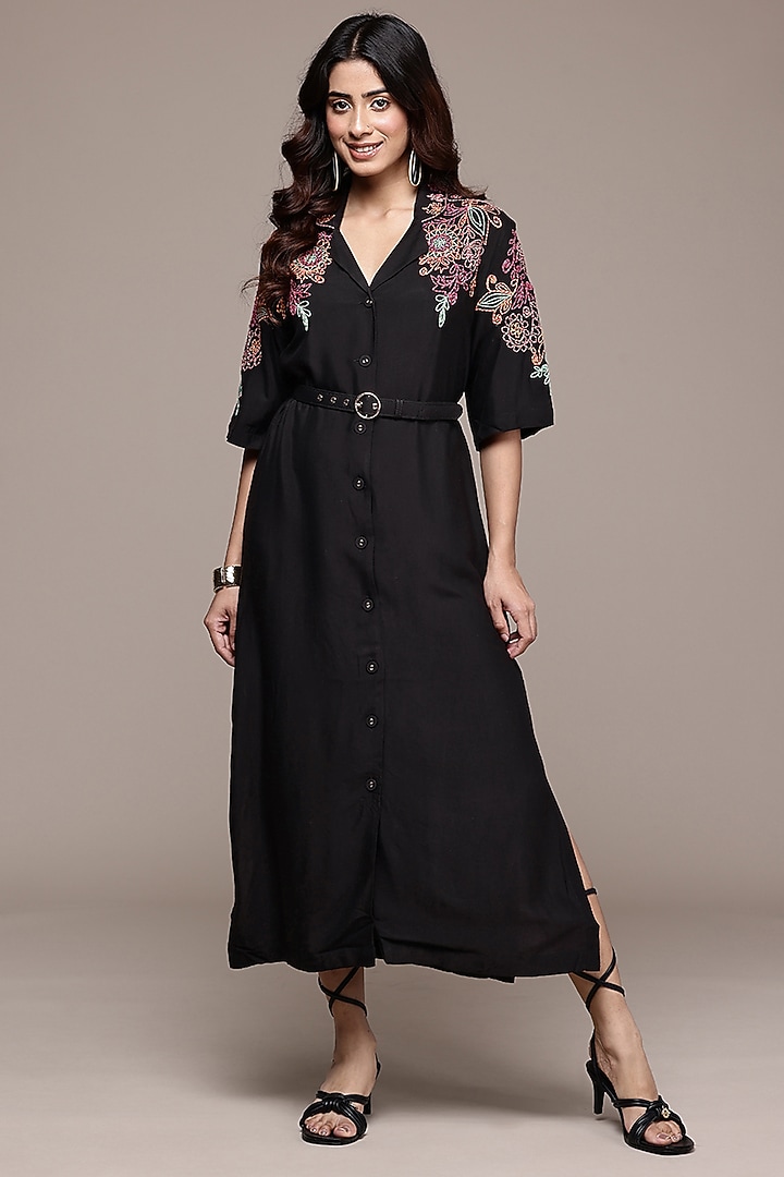 Black Staple Silk Midi Vacation Dress by Ritu Kumar at Pernia's Pop Up Shop