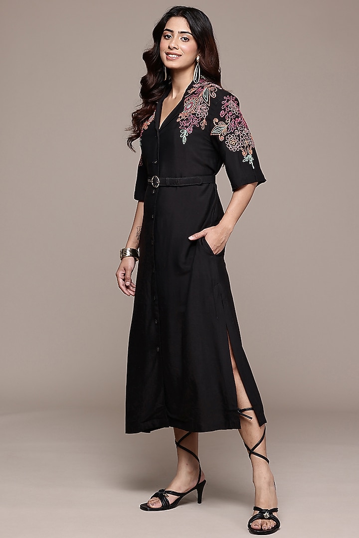 Black Staple Silk Midi Vacation Dress by Ritu Kumar at Pernia's Pop Up Shop