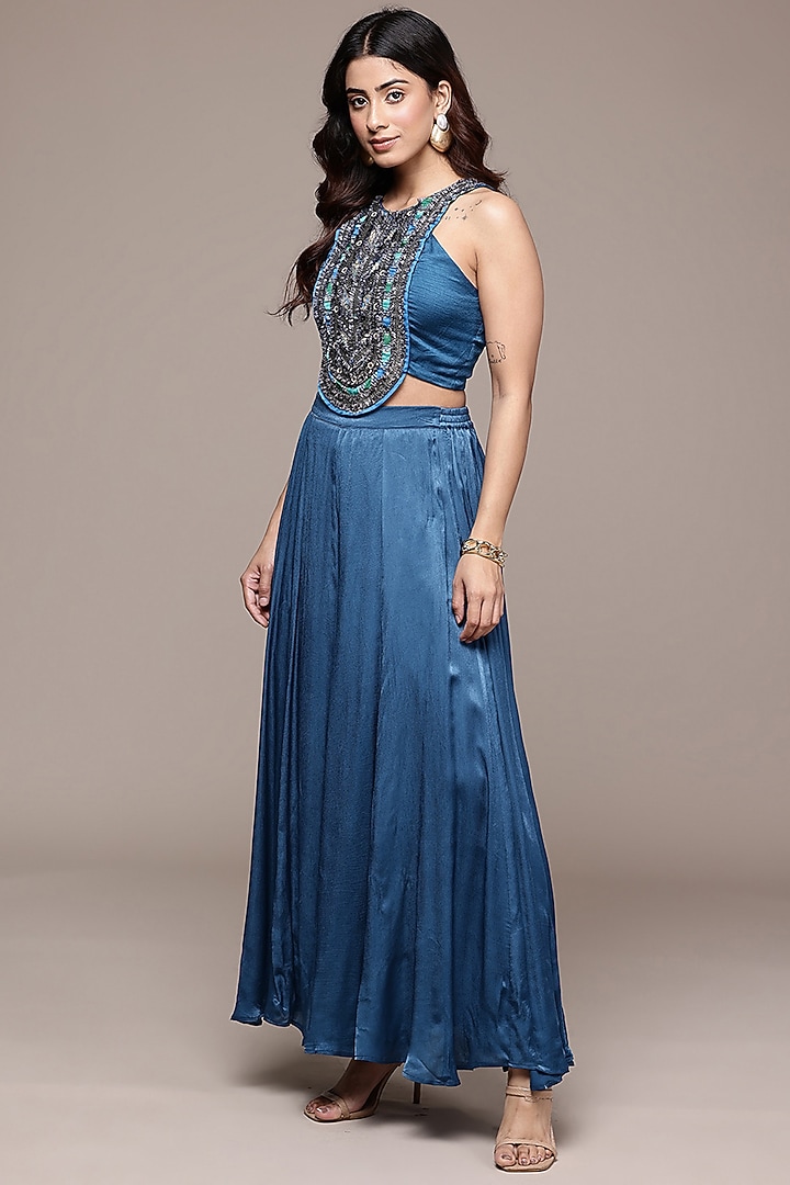 Teal Crimp Satin Pant Set by Ritu Kumar at Pernia's Pop Up Shop