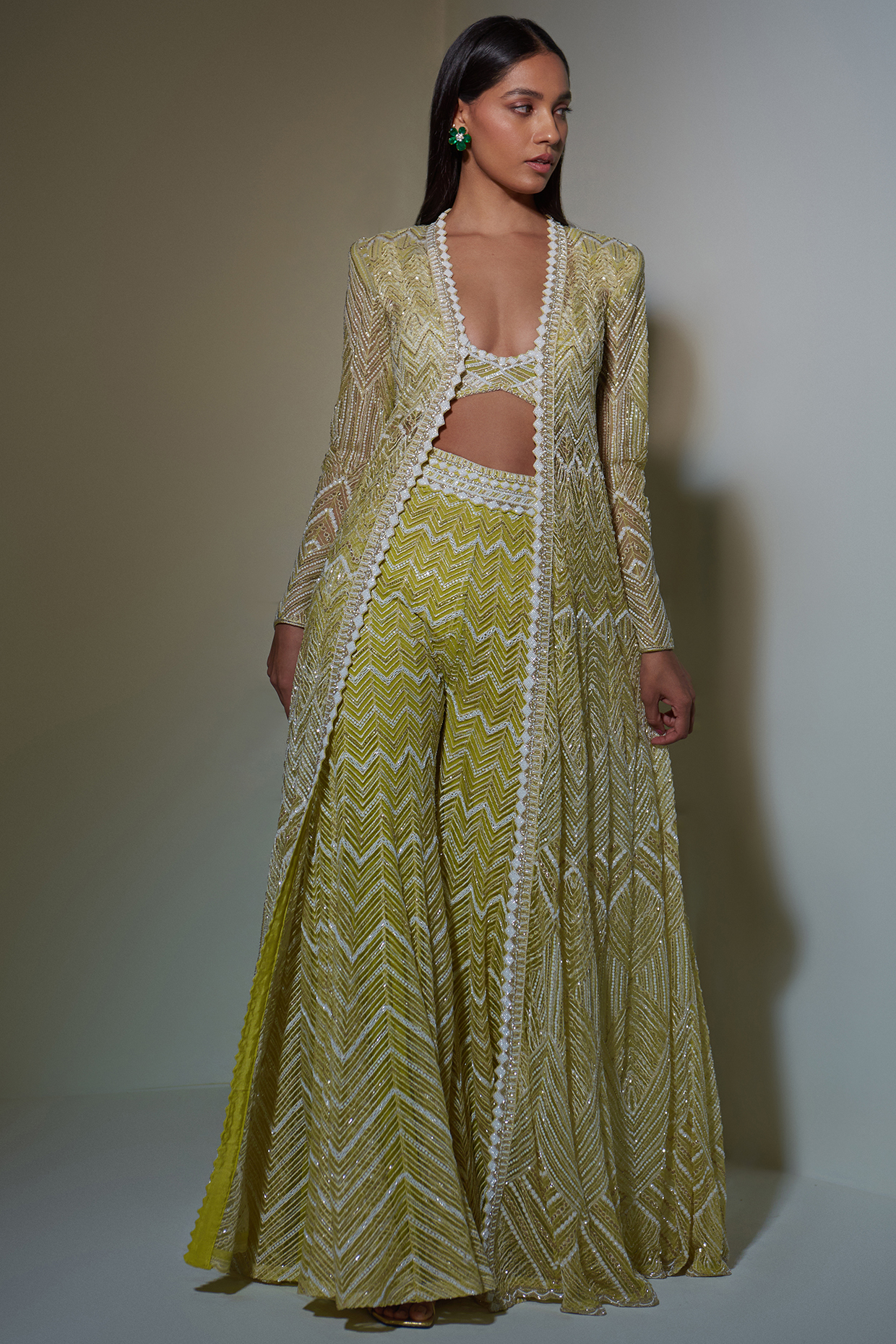 Lime Green Hand Embroidered Sharara Set by Ritika Mirchandani