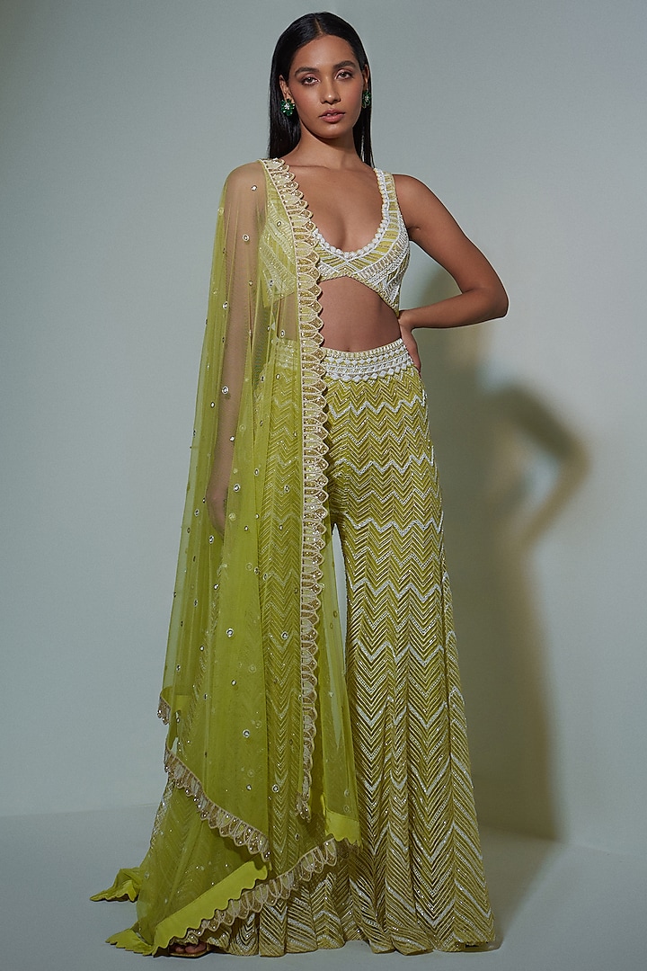 Lime Green Embroidered Sharara Set by Ritika Mirchandani at Pernia's Pop Up Shop