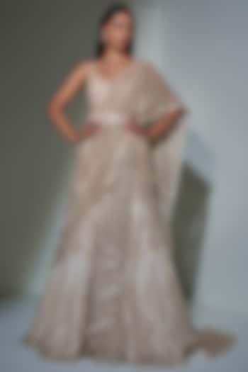 Chrome Gold Net & Double Georgette Thread Embroidered Bridal Lehenga Saree Set by Ritika Mirchandani at Pernia's Pop Up Shop