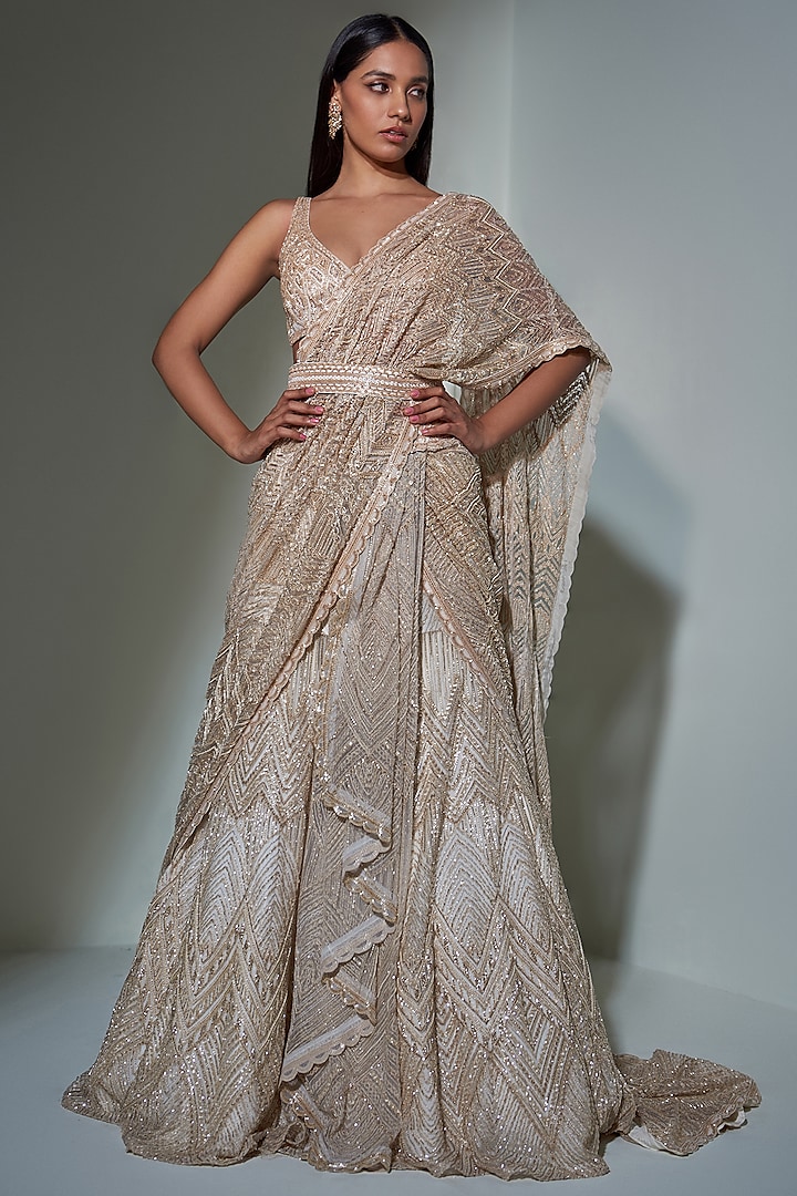 Chrome Gold Net & Double Georgette Thread Embroidered Bridal Lehenga Saree Set by Ritika Mirchandani at Pernia's Pop Up Shop