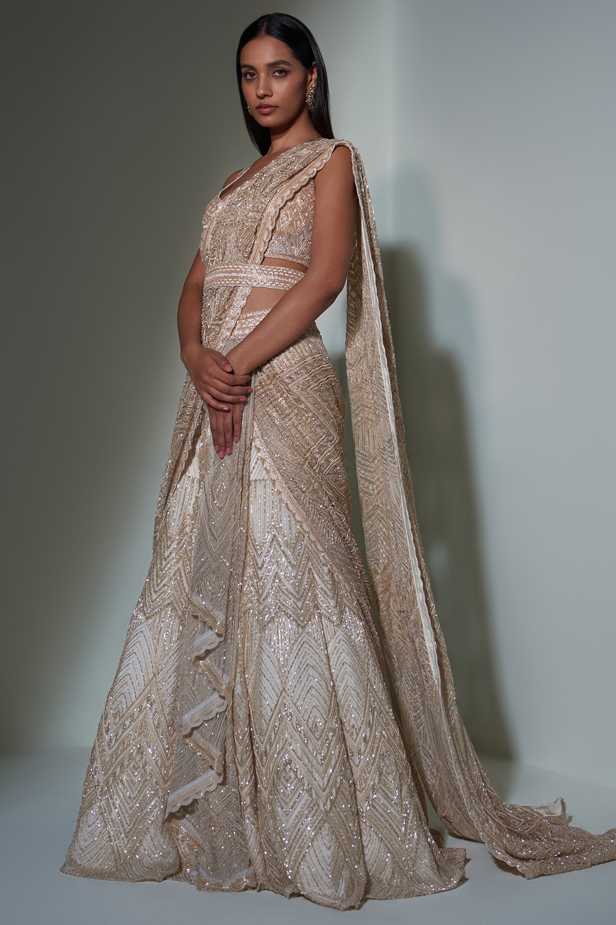 ivory gold pre-stitched lehenga saree setSpring Outfits Summer Outfits  OOTD🔥30% OFF USE CODE: 30PIN🔥 | Lehenga saree, Lehenga, Blouses for women