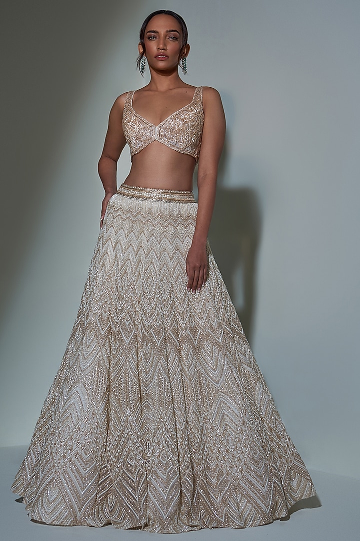 Chrome Gold Embroidered Bridal Lehenga Set by Ritika Mirchandani at Pernia's Pop Up Shop