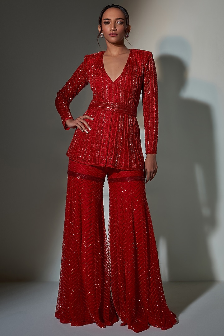 Red Hand Embroidered Bridal Sharara Set by Ritika Mirchandani at Pernia's Pop Up Shop