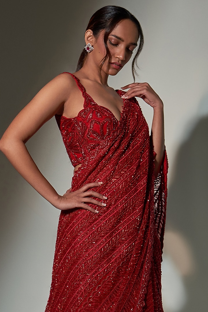 Red Crepe & Double Georgette Bead & Resham Embroidered Bridal Lehenga Saree Set by Ritika Mirchandani at Pernia's Pop Up Shop