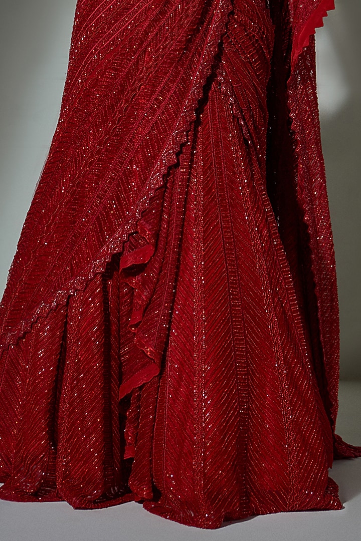 Red Crepe & Double Georgette Bead & Resham Embroidered Bridal Lehenga Saree Set by Ritika Mirchandani at Pernia's Pop Up Shop
