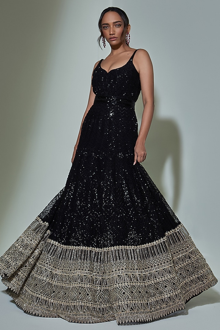 Black Chrome Embroidered Anarkali Set by Ritika Mirchandani at Pernia's Pop Up Shop