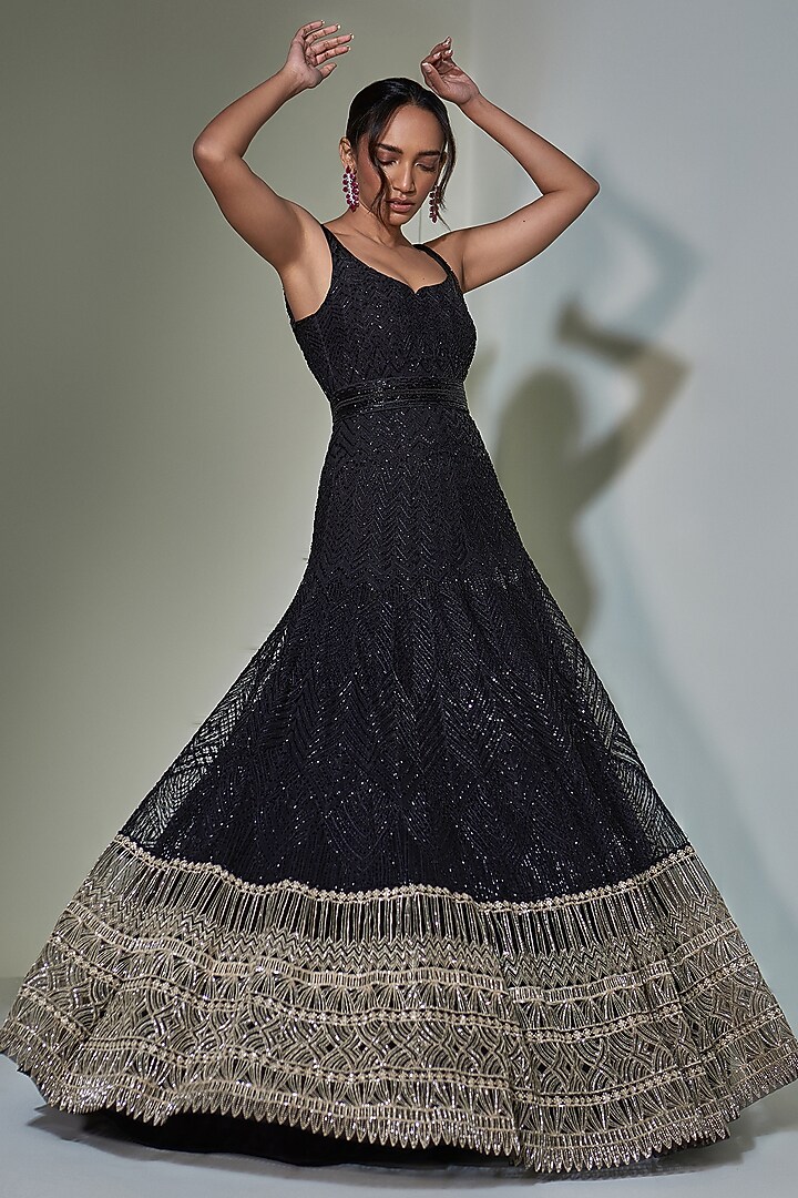 Black Chrome Embroidered Bridal Anarkali Set by Ritika Mirchandani at Pernia's Pop Up Shop