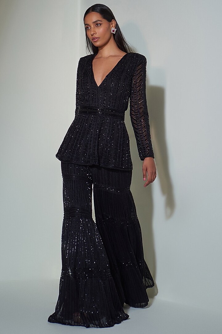 Black Embroidered Bridal Sharara Set by Ritika Mirchandani at Pernia's Pop Up Shop
