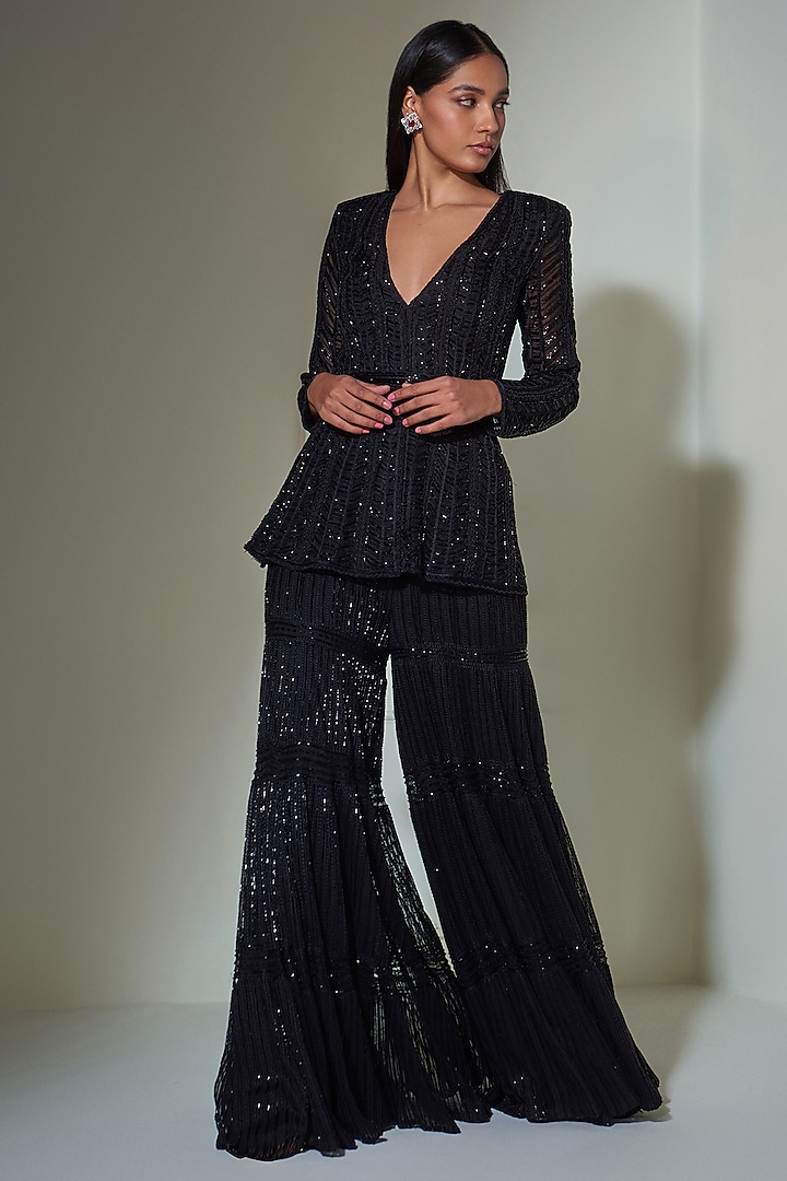 Black Embroidered Bridal Sharara Set by Ritika Mirchandani at Pernia's Pop Up Shop