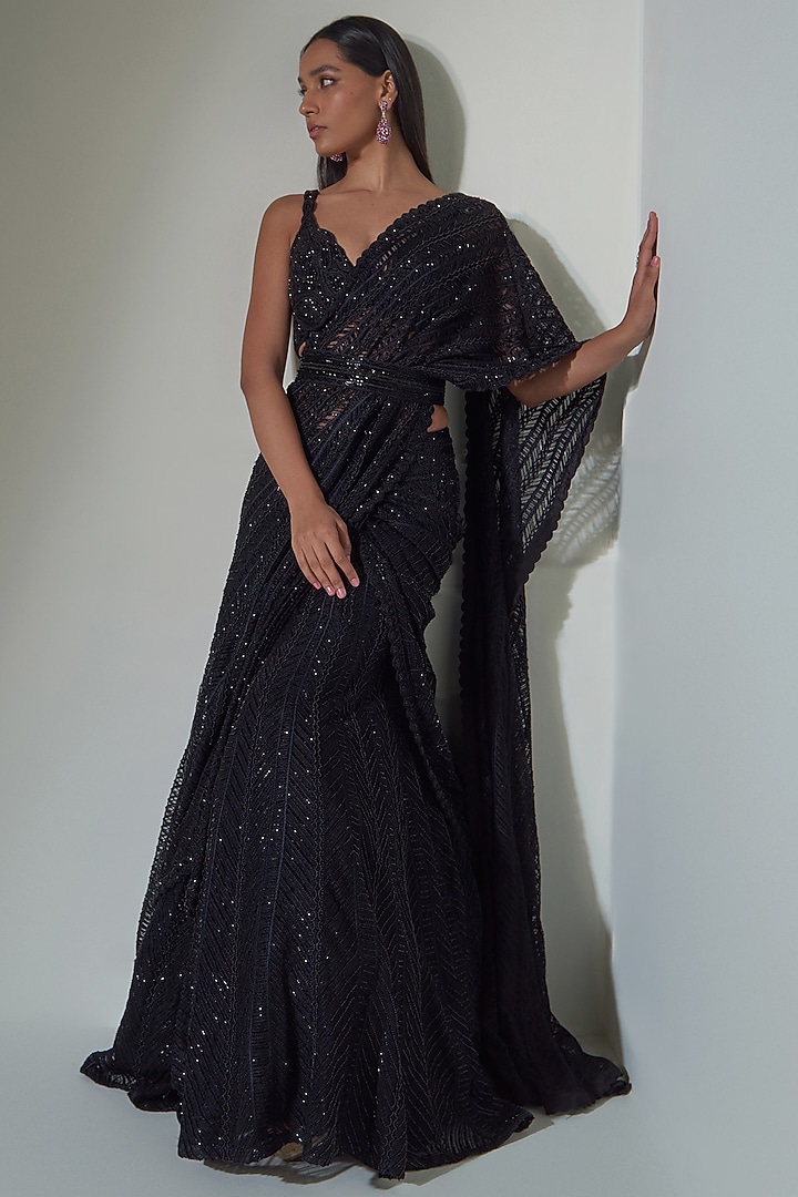 Black Georgette Sequins Embroidered Bridal Lehenga Saree Set by Ritika Mirchandani at Pernia's Pop Up Shop