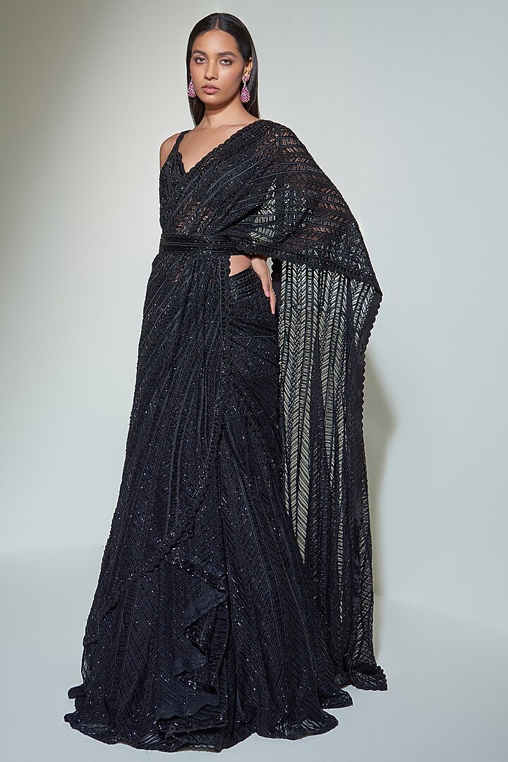 Black Georgette Sequins Embroidered Bridal Lehenga Saree Set by Ritika Mirchandani at Pernia's Pop Up Shop