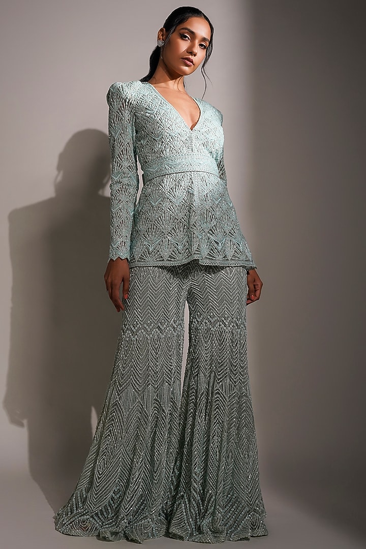 Aqua Double Georgette Bridal Sharara Set by Ritika Mirchandani at Pernia's Pop Up Shop
