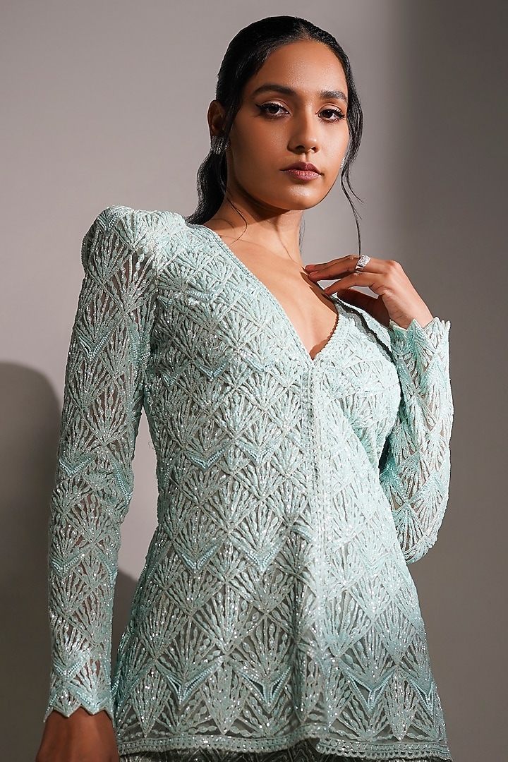 Aqua Double Georgette Bridal Sharara Set by Ritika Mirchandani at Pernia's Pop Up Shop